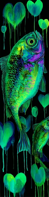 Free printable fish bookmark featuring green fish solo with green hearts